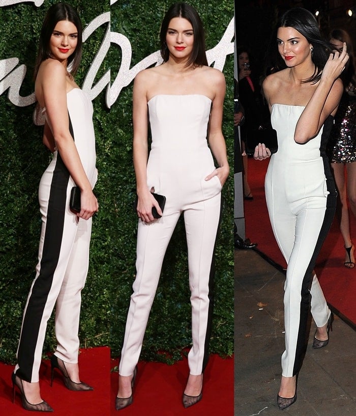 Kendall Jenner in a chic strapless black-and-white jumpsuit by Emilio Pucci