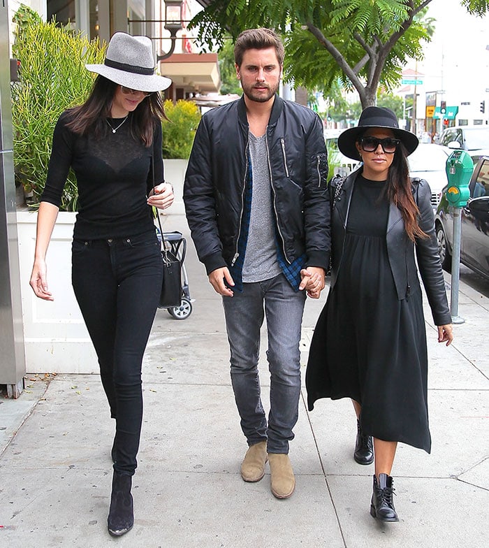 Kendall Jenner, Scott Disick, and Kourtney Kardashian together for lunch in Beverly Hills on December 5, 2014