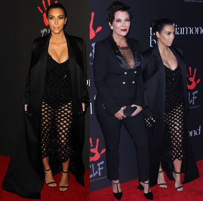 Kim Kardashian and Kris Jenner make a striking duo on the red carpet, with Kim in a daring sheer Balenciaga dress and Kris in a chic black tuxedo at the 2014 Diamond Ball