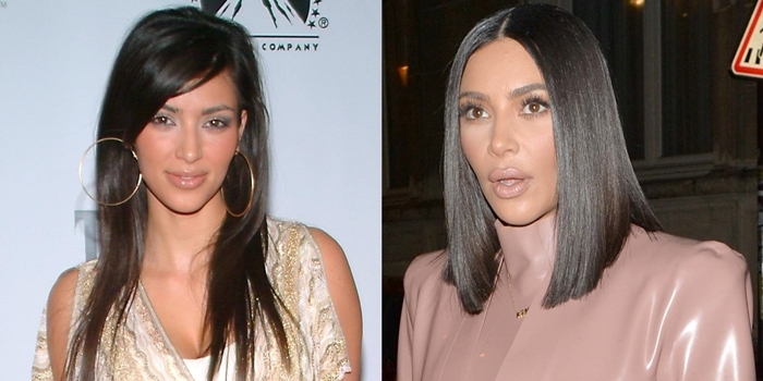 Kim Kardashian before and after rumored plastic surgery: In 2006 at the release party for the Playstation2 game 'The Godfather' (L) and in 2020 during Paris Fashion Week (R)