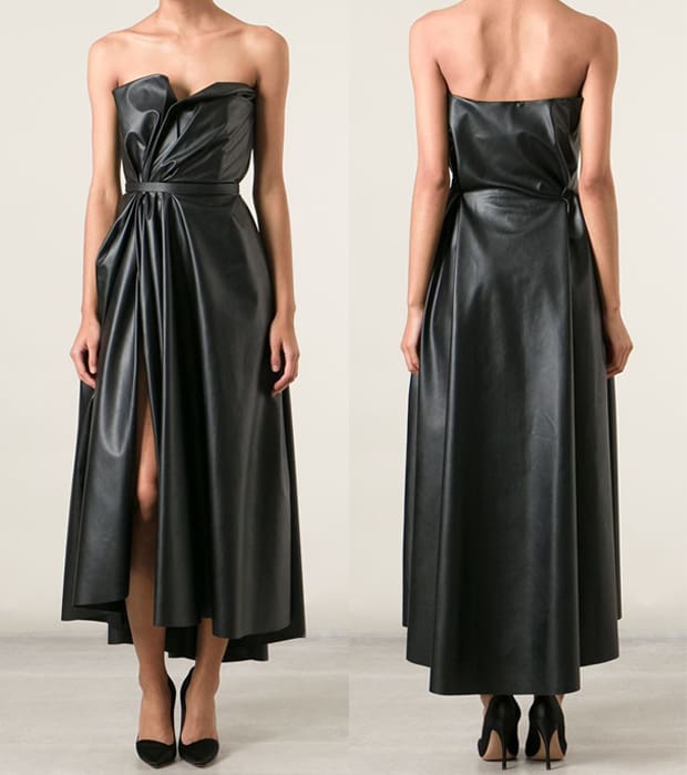 Lanvin Gathered Faux Leather Corseted Dress