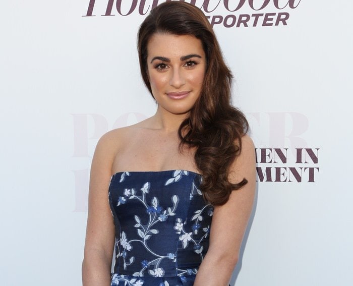 Lea Michele in a blue floral-print strapless dress from Oscar de la Renta