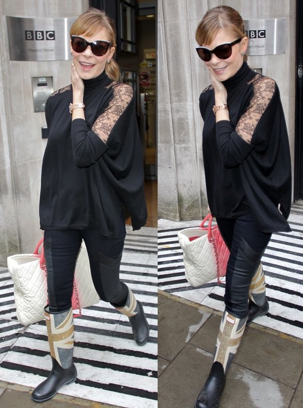 LeAnn Rimes steps out in high spirits, pairing a chic long-sleeved lace top with statement Union Jack boots, leaving Radio 2 in London on March 16, 2013