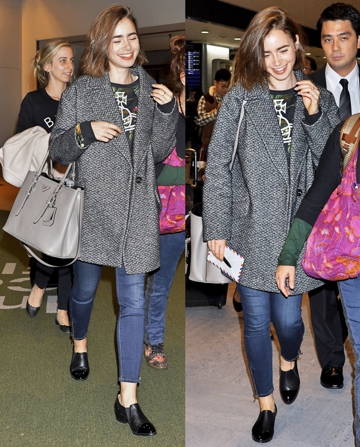 Lily Collins wearing ultra-skinny jeans with ankle boots