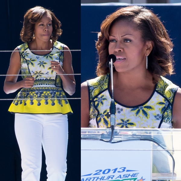 Michelle Obama styled her top with white wide-legged pants