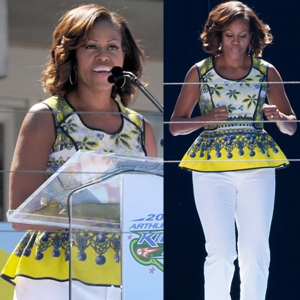 Michelle Obama's Prabal Gurung exposed binding printed peplum top