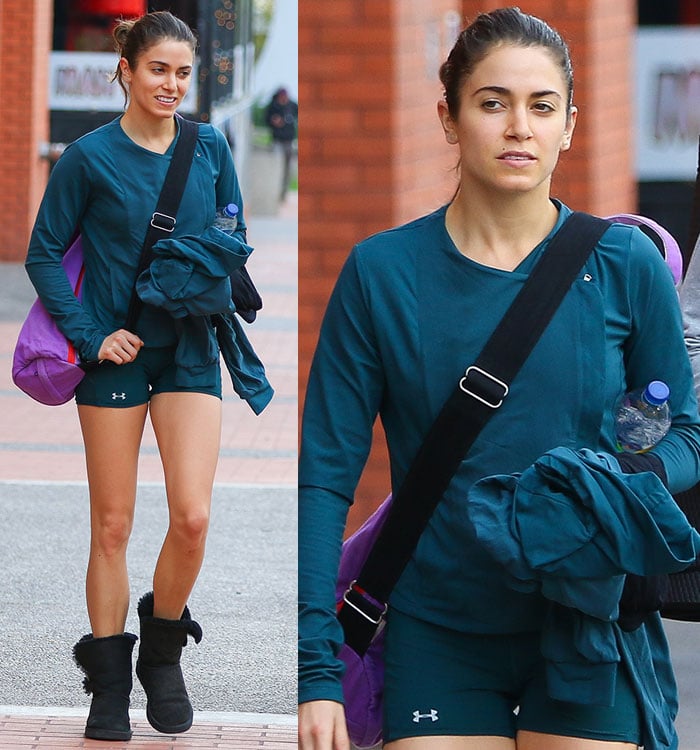 Nikki Reed's green jacket and matching tight yoga shorts