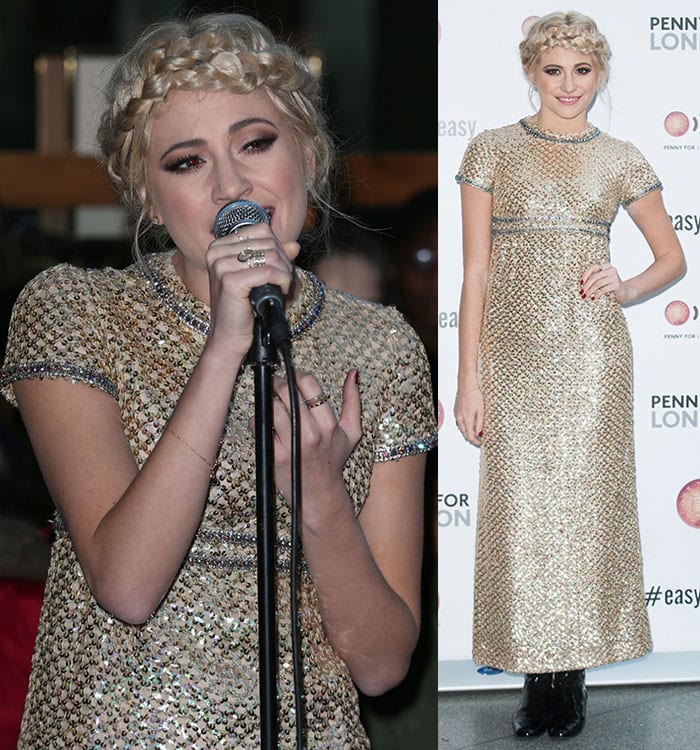 Pixie Lott wore her blonde locks styled in a messy updo with a halo braid