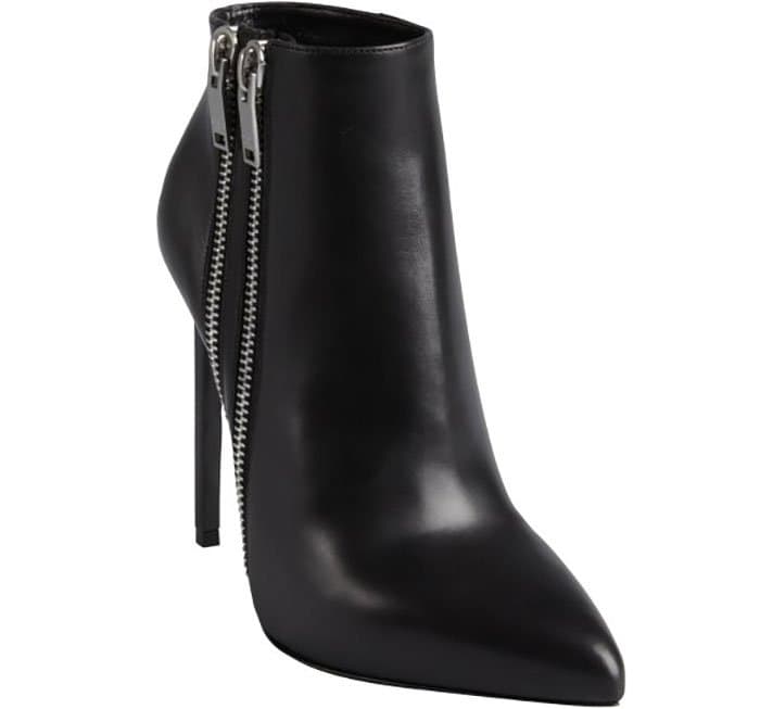 Black Leather Double-Zipper Pointed-Toe Ankle Boots