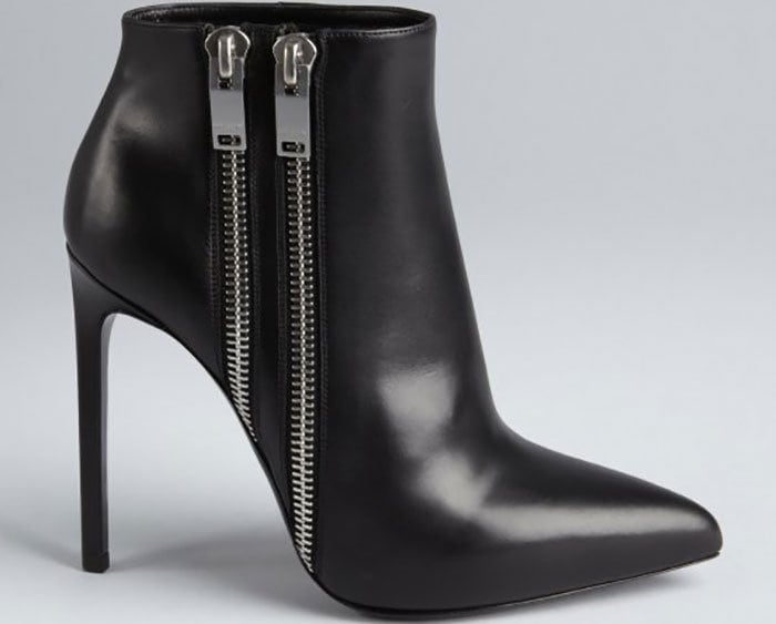 Black Leather Double-Zipper Pointed-Toe Ankle Boots