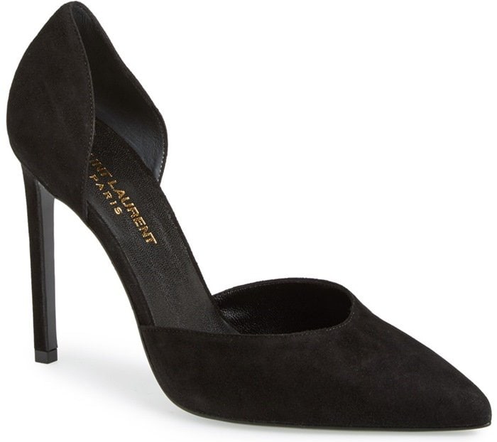 An instep-baring d'Orsay cut adds to the allure of a black pointy-toe pump from Saint Laurent cast in gorgeous goatskin suede