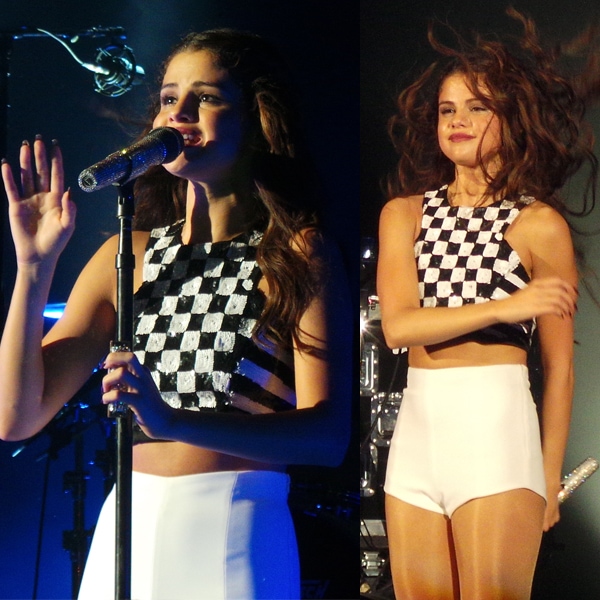 Selena Gomez in a sequined black-and-white crop top from ASOS