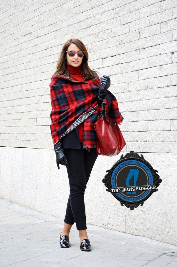 Silvia shows how to wear black pants with a colorful plaid scarf
