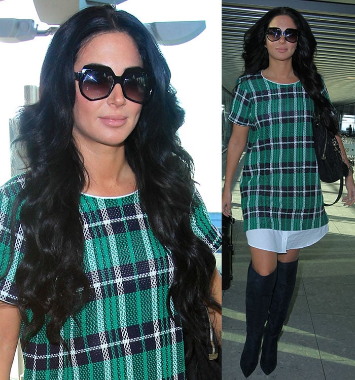 Tulisa Contostavlos wearing a tartan dress at an airport