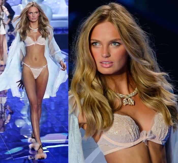 Romee Strijd looks ethereal in a delicate lace lingerie set, complemented by a sheer robe and a dazzling butterfly necklace