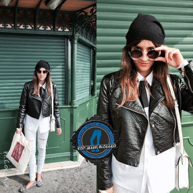 Ylenia shows how to wear white ripped pants with a leather moto jacket
