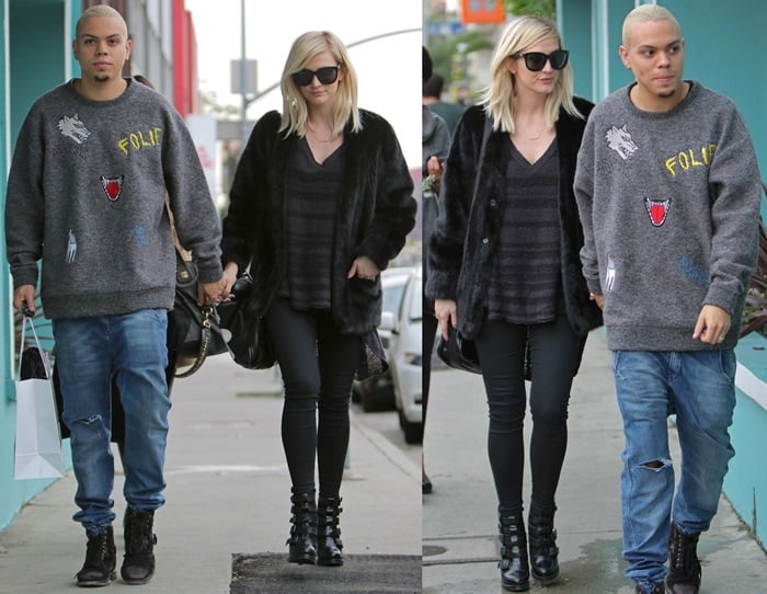 Ashlee Simpson rocks skinny jeans, a sweater, and a fur coat