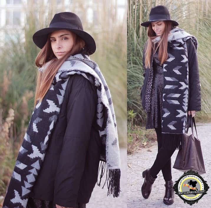 You can also give your patterned blanket wrap a different spin by mixing it with other textures like a sequined dress, a leather skirt, or a ribbed-knit sweater