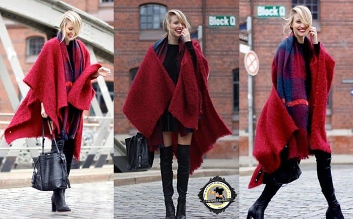 Wear a solid blanket scarf over a checkered wool scarf, a mini dress, and suede thigh-high boots