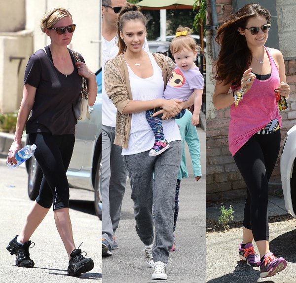 Celebrities keeping fit (L-R): Kirsten Dunst, Jessica Alba, and Lucy Hale