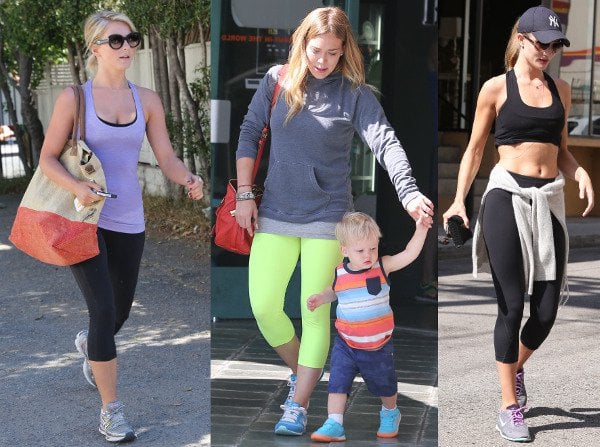 Celebrities in their gym outfits (L-R): Julianne Hough, Hilary Duff, and Rosie Huntington-Whiteley