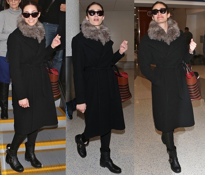 Emmy Rossum wears a very chic fur-trimmed coat worn over slim black pants and Jimmy Choo biker boots