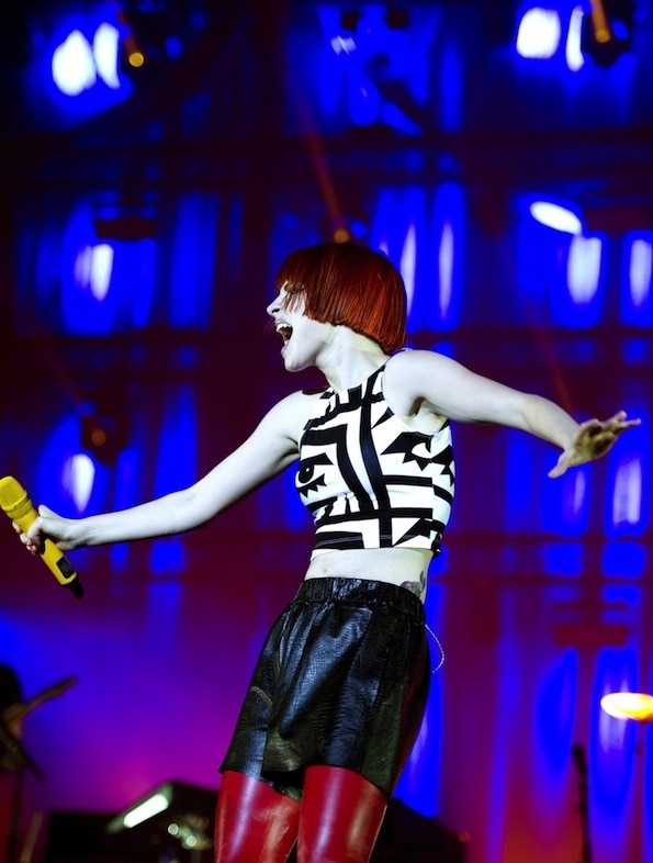 Hayley Williams rocked Topshop leather shorts worn over red leather leggings