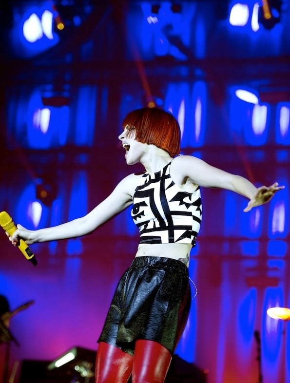 Hayley Williams rocked Topshop leather shorts worn over red leather leggings