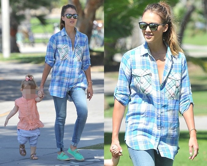 Jessica Alba takes her two daughters to a farmer's market in Venice, Los Angeles on September 15, 2013