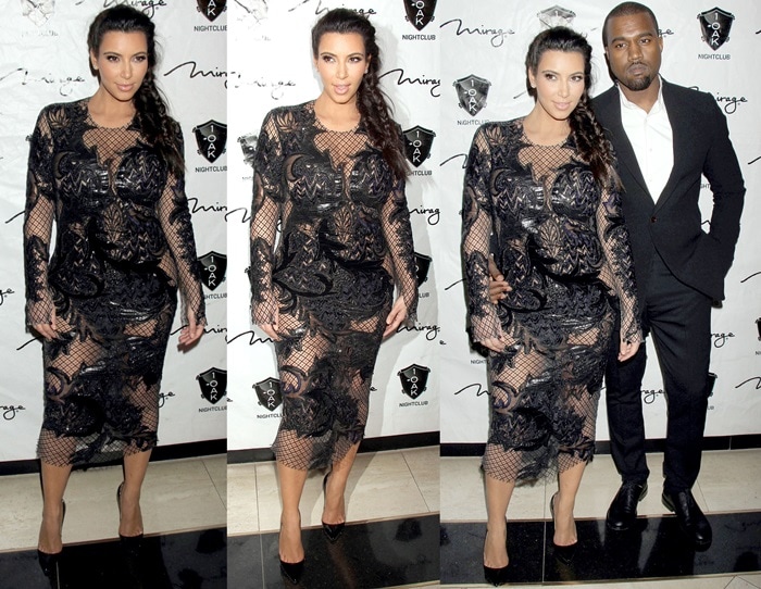 Kim Kardashian and Kanye West at a New Year's Eve party at 1Oak Nightclub at The Mirage Resort and Casino in Las Vegas on December 31, 2012