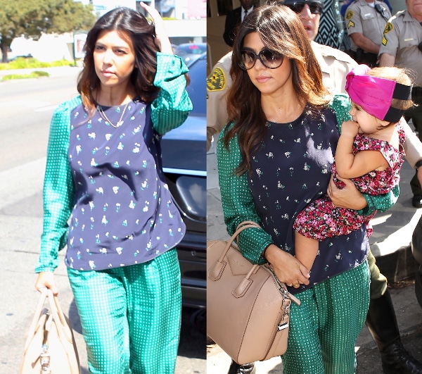 Kourtney Kardashian wears a printed Harlyn top and a matching pair of printed trousers