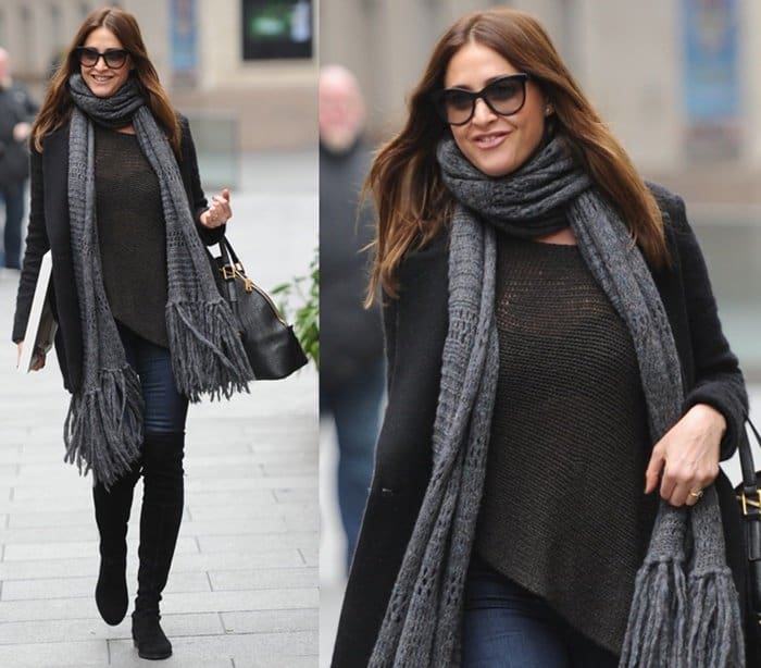 Lisa Snowdon wears her favorite fringe scarf outside Capital Radio Studios