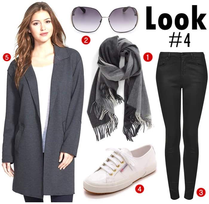 1. Nordstrom Collection Colorblock Cashmere Wrap, $223.50 / 2. MARC by Marc Jacobs Slim Line Sunglasses, $98 / 3. Topshop Moto Leigh Coated Skinny Jeans, $70 / 4. Superga 2750 Patent Leather Sneakers, $98 / 5. Max & Mia Oversized Cardigan, $98
