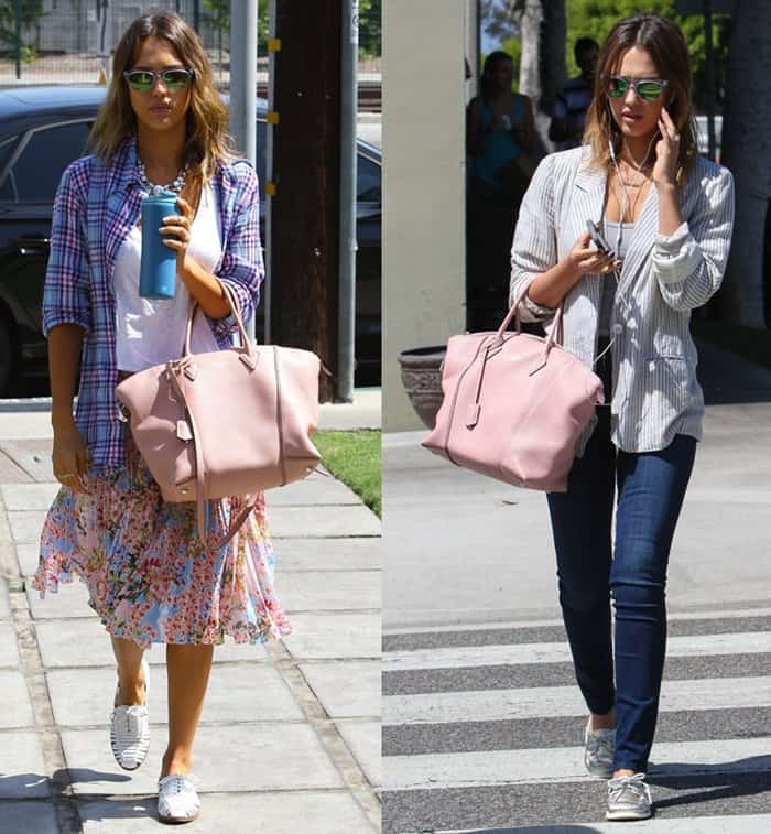 Jessica Alba effortlessly styles her blush pink Louis Vuitton "Soft Lockit" bag with two casual daytime looks, proving its versatility on the streets of Los Angeles
