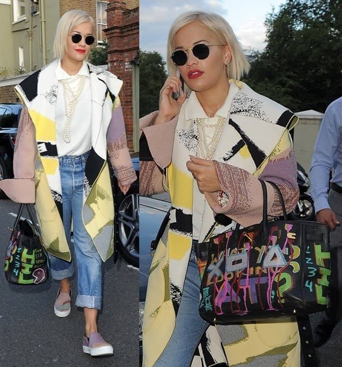 Rita Ora with a decorated Birkin leaving The Grove Music Studios