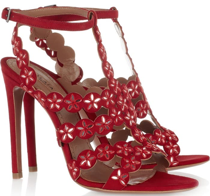 Alaia Red Mirror Embellished Suede Sandals