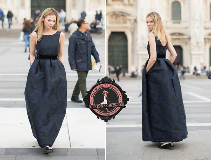 Anastasiia styled her black maxi dress with Miu Miu loafers