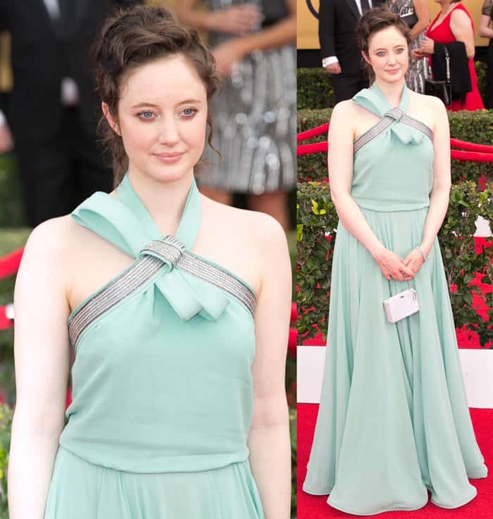 Andrea Riseborough in a sea green version of an Escada Pre-Fall 2015 design on the red carpet at the 2015 Screen Actors Guild Awards