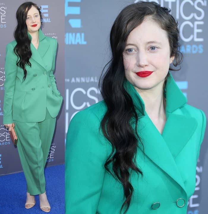 Andrea Riseborough at the 2015 Critics' Choice Movie Awards in a green Escada suit, receiving mixed reviews from fashion critics
