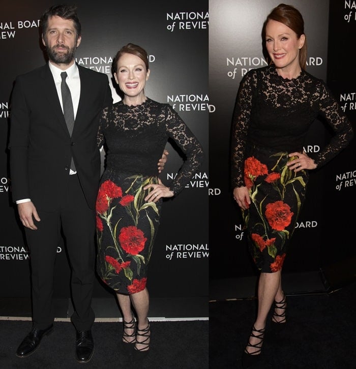 Julianne Moore, with her husband Bart Freundlich, wearing mixed floral and lace