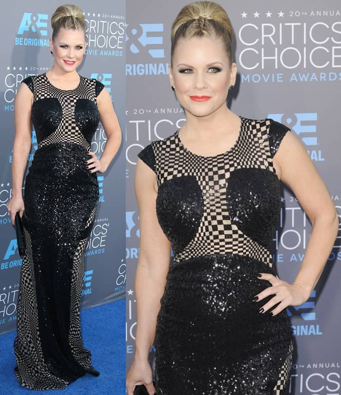 Carrie Keagan at the 2015 Critics' Choice Movie Awards in a Cristallini gown, which was heavily criticized for its geometric sequin inserts and overall design