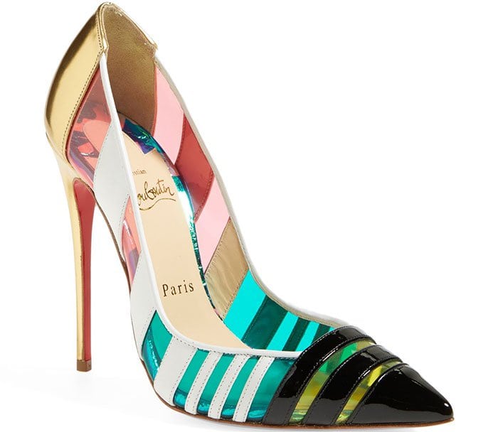 The slice-of-heaven stiletto silhouette plays a sophisticated game of peekaboo through neon translucent panels and tri-color leather stripes