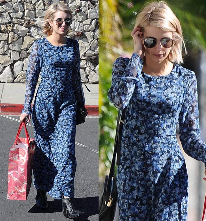Emma Roberts wearing a long-sleeved floral maxi dress in blue by Charles Henry