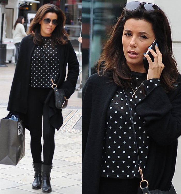 Eva Longoria wearing a polka-dot top and biker boots while shopping at The Grove in Los Angeles on January 29, 2015