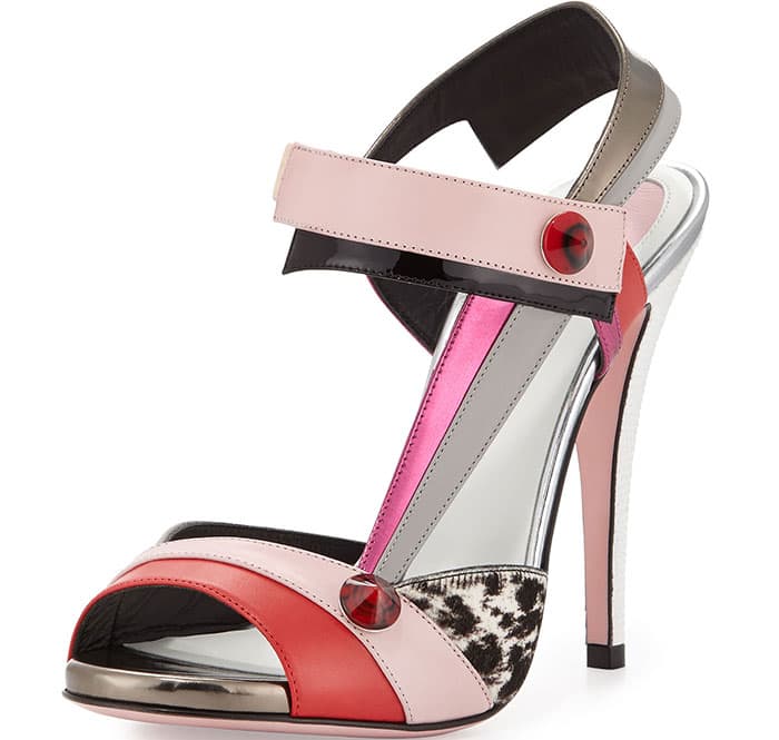 Fendi Asymmetric Colorblock Stud Sandals in Coral/Pink