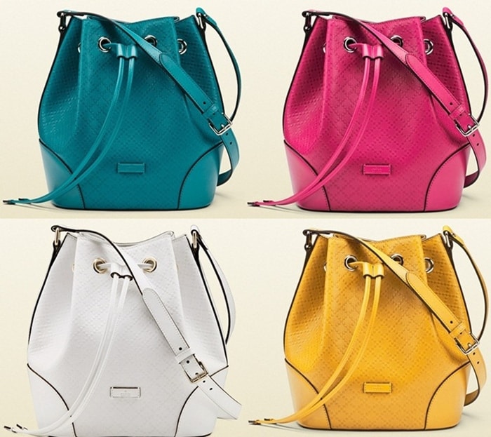 Gucci’s Diamante bucket bags pop in bold, warm-weather-ready hues—teal, fuchsia, white, and sunshine yellow—perfect for elevating your summer wardrobe