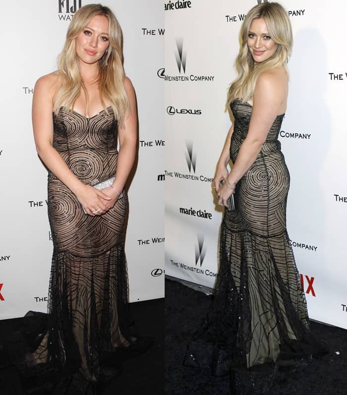Hilary Duff wearing a Rani Zakhem Couture dress, Jerome C. Rousseau shoes, a Meira T bracelet and rings, and Tacori earrings at the 2015 Weinstein Company and Netflix Golden Globes After Party