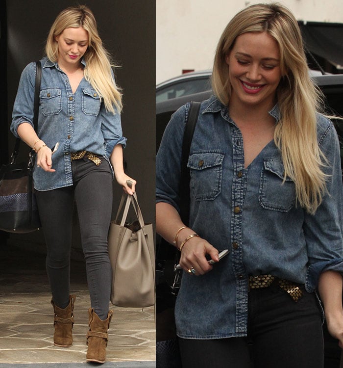 Hilary Duff wears black jeans with a denim button-down long-sleeved shirt by Current/Elliot