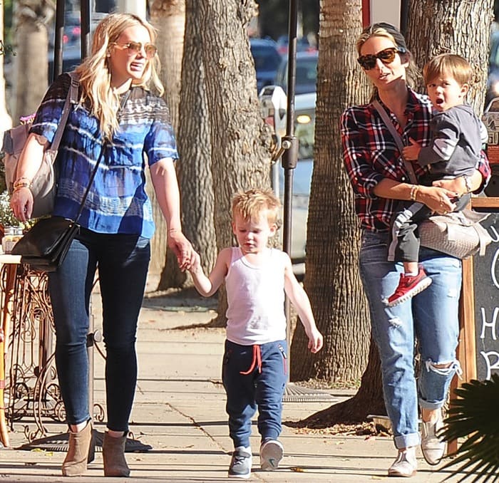 Hilary Duff and a friend drop off their kids at preschool in Los Angeles on January 6, 2015
