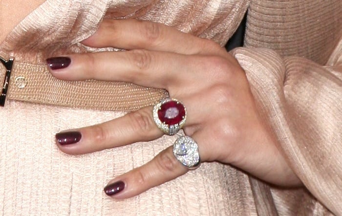 Jennifer Lopez showing off her Jacqueline Nerguizian rings